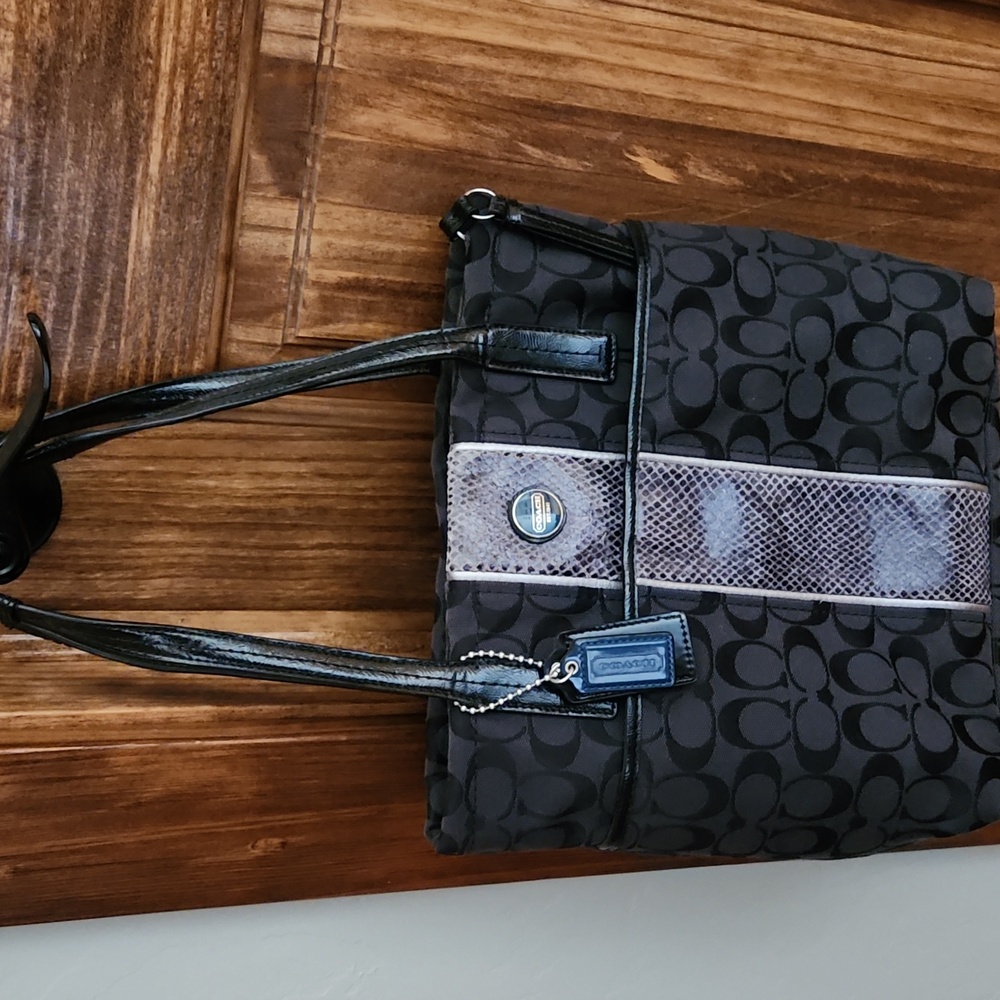 Coach Signature Python Stripe Tote Shoulder Canvas Handbag black blue teal